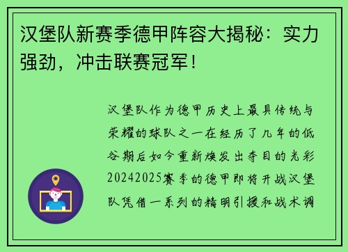 汉堡队新赛季德甲阵容大揭秘：实力强劲，冲击联赛冠军！