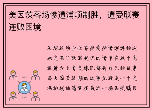 美因茨客场惨遭浦项制胜，遭受联赛连败困境