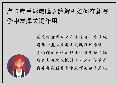 卢卡库重返巅峰之路解析如何在新赛季中发挥关键作用