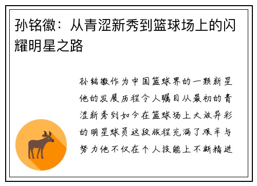 孙铭徽：从青涩新秀到篮球场上的闪耀明星之路